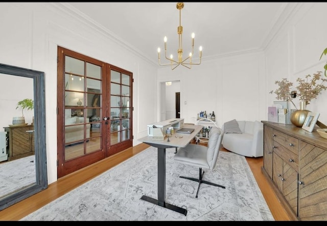 1040 Washington Blvd Unit 2, Oak Park, IL 60302 - office with french doors, wood finished floors, crown molding, a chandelier, and a decorative wall