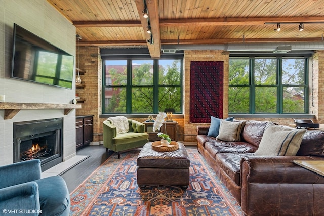 835 N Wood St Unit 301, Chicago, IL 60622 - living area featuring track lighting, healthy amount of natural light, a wooden ceiling with exposed beams, a warm lit fireplace, and dark wood finished floors
