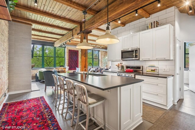 835 N Wood St Unit 301, Chicago, IL 60622 - kitchen with appliances with stainless steel finishes, dark countertops, track lighting, a wood ceiling with exposed beams, and healthy amount of natural light