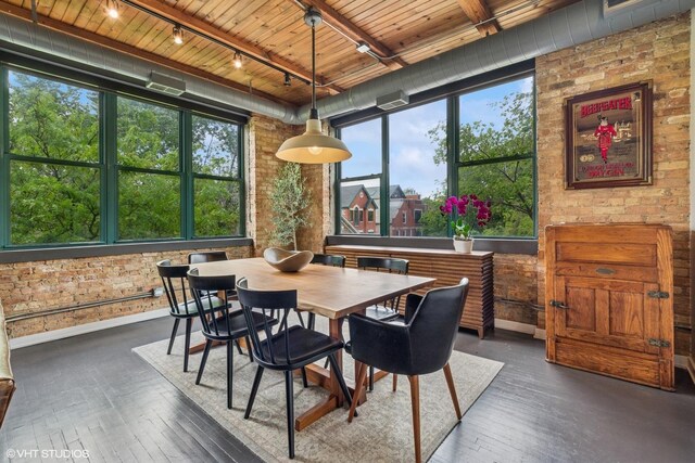 835 N Wood St Unit 301, Chicago, IL 60622 - dining room with wood ceiling, brick wall, track lighting, and wood-type flooring