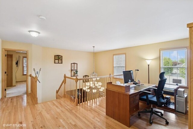 5 N Chestnut Ct, Hawthorn Woods, IL 60047 - office area with light wood-style floors and a chandelier