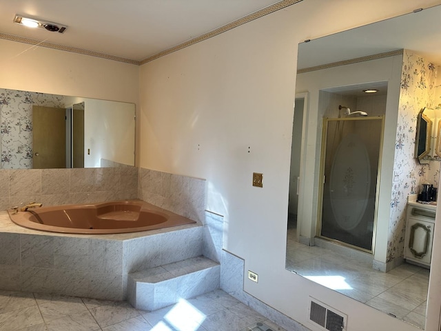 56 Graymoor Ln, Olympia Fields, IL 60461 - bathroom featuring a garden tub, ornamental molding, vanity, a stall shower, and wallpapered walls