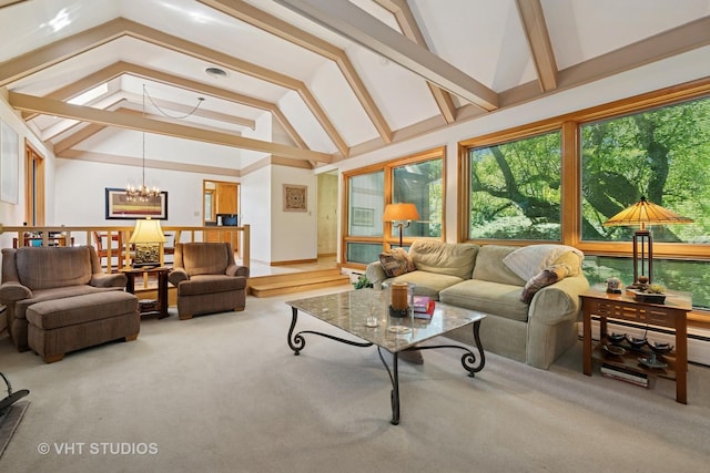 130 Old Dundee Rd, Barrington Hills, IL 60010 - living area with vaulted ceiling, a chandelier, and carpet floors