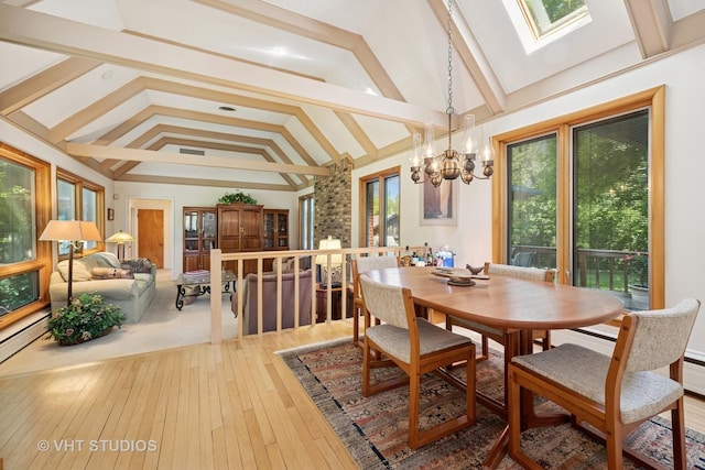 130 Old Dundee Rd, Barrington Hills, IL 60010 - dining space featuring a chandelier, plenty of natural light, a skylight, and wood-type flooring