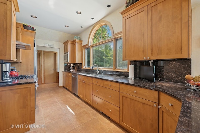 130 Old Dundee Rd, Barrington Hills, IL 60010 - kitchen featuring backsplash, ventilation hood, stainless steel appliances, dark stone counters, and light tile patterned floors