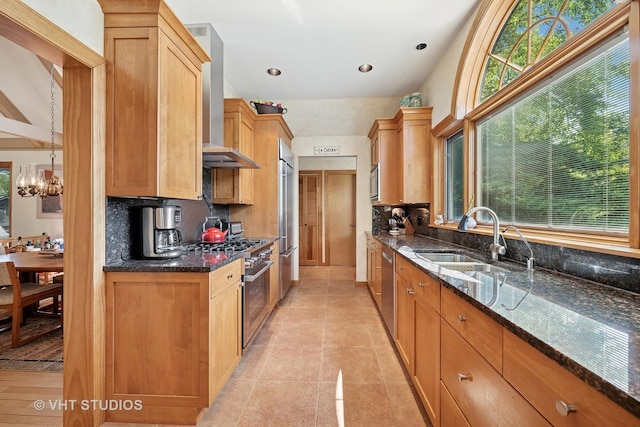 130 Old Dundee Rd, Barrington Hills, IL 60010 - kitchen featuring built in appliances, wall chimney exhaust hood, healthy amount of natural light, tasteful backsplash, and recessed lighting