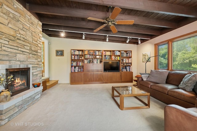 130 Old Dundee Rd, Barrington Hills, IL 60010 - living room with carpet flooring, a wood ceiling with exposed beams, rail lighting, a stone fireplace, and ceiling fan