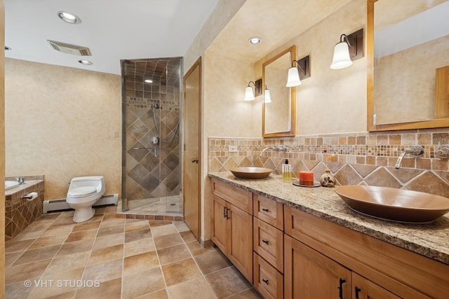 130 Old Dundee Rd, Barrington Hills, IL 60010 - bathroom with double vanity, a shower stall, tile patterned flooring, and a baseboard radiator