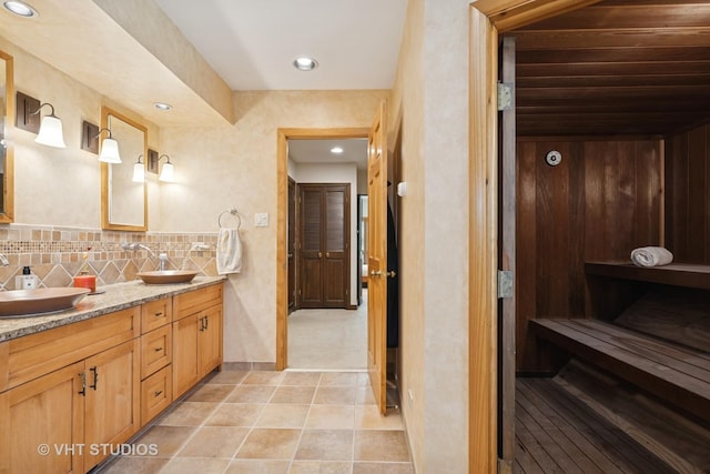 130 Old Dundee Rd, Barrington Hills, IL 60010 - bathroom with double vanity, a sauna / steam room, recessed lighting, and decorative backsplash