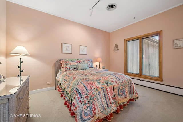 130 Old Dundee Rd, Barrington Hills, IL 60010 - bedroom featuring carpet floors, track lighting, a baseboard radiator, and ornamental molding