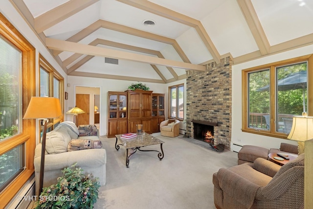 130 Old Dundee Rd, Barrington Hills, IL 60010 - living area with a baseboard radiator, carpet floors, a brick fireplace, and baseboard heating