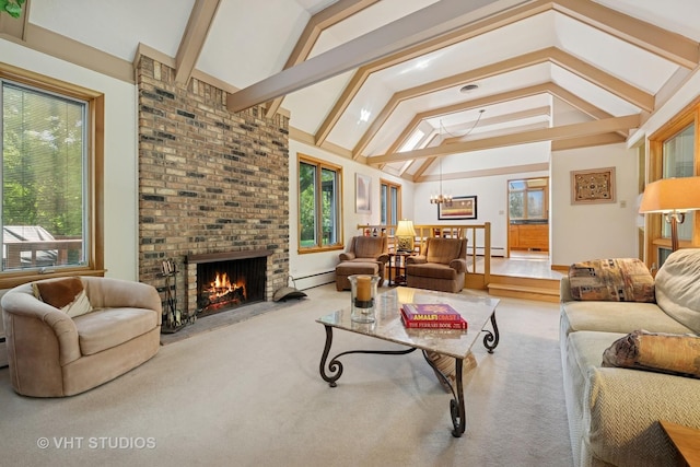 130 Old Dundee Rd, Barrington Hills, IL 60010 - carpeted living room featuring healthy amount of natural light, a chandelier, a brick fireplace, and baseboard heating