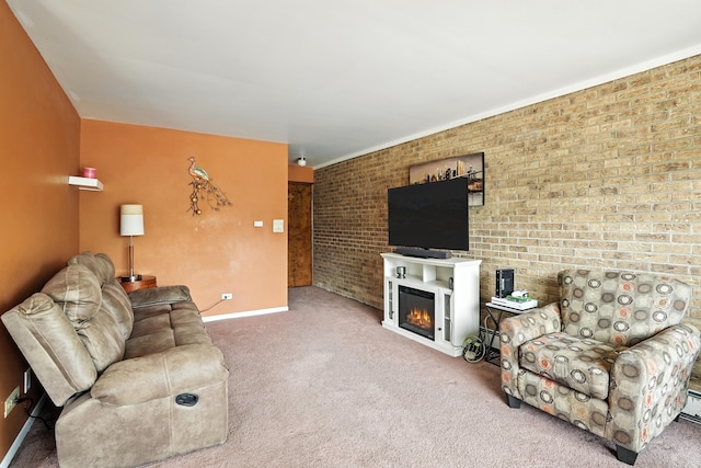 18205 Hart Dr Unit 2B, Homewood, IL 60430 - living room with carpet flooring, brick wall, and a glass covered fireplace