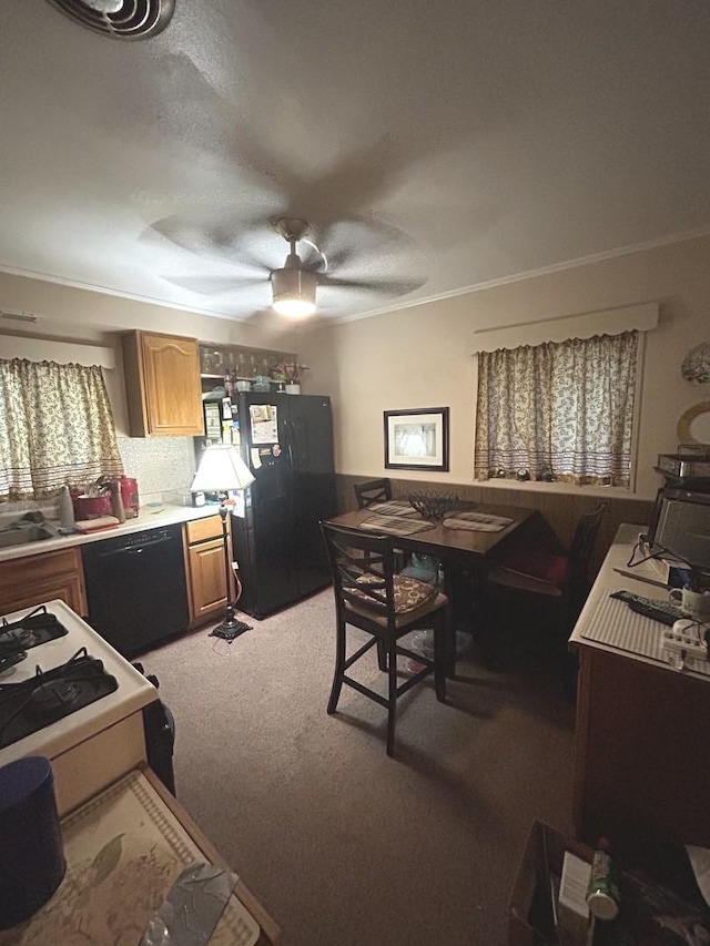 104 Nanti St, Park Forest, IL 60466 - kitchen with black appliances, an office area, crown molding, light colored carpet, and a ceiling fan