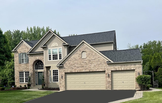 25023 W Prairie Grove Dr, Plainfield, IL 60585 - view of front of home with asphalt driveway, an attached garage, a front yard, roof with shingles, and brick siding