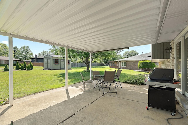 8941 Timothy Ct, Orland Park, IL 60462 - fenced backyard featuring a patio, a shed, outdoor dining space, and area for grilling