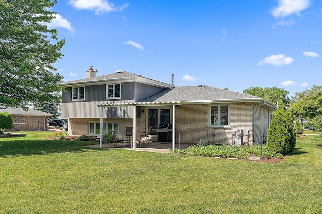 8941 Timothy Ct, Orland Park, IL 60462 - back of property with brick siding, a chimney, a yard, a patio area, and roof with shingles
