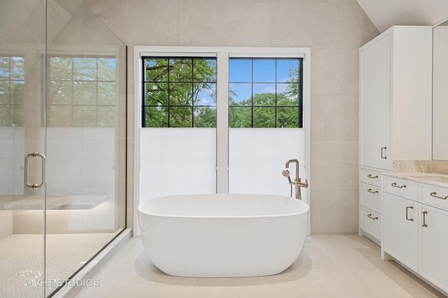 759 Strawberry Hill Dr, Glencoe, IL 60022 - bathroom with vanity, a freestanding bath, a shower stall, and tile walls