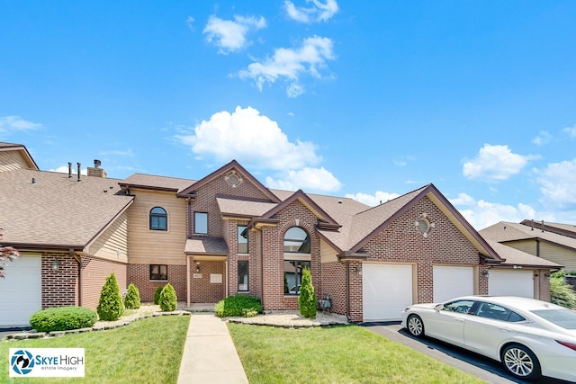10825 Kathleen Ct Unit D, Palos Hills, IL 60465 - view of front of property featuring brick siding, a front yard, roof with shingles, asphalt driveway, and an attached garage