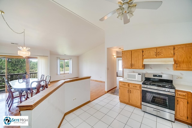 10825 Kathleen Ct Unit D, Palos Hills, IL 60465 - kitchen with gas range, white microwave, premium range hood, vaulted ceiling, and light countertops
