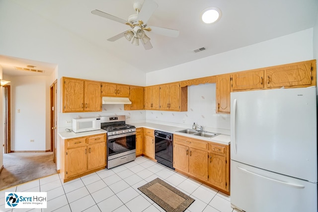 10825 Kathleen Ct Unit D, Palos Hills, IL 60465 - kitchen featuring white appliances, light countertops, under cabinet range hood, a ceiling fan, and light tile patterned flooring