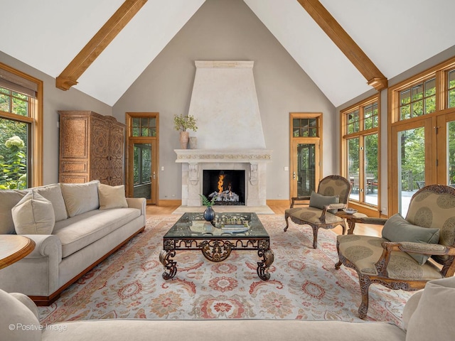 8698 S Madison St, Burr Ridge, IL 60527 - living room with high vaulted ceiling, a premium fireplace, beamed ceiling, and wood finished floors