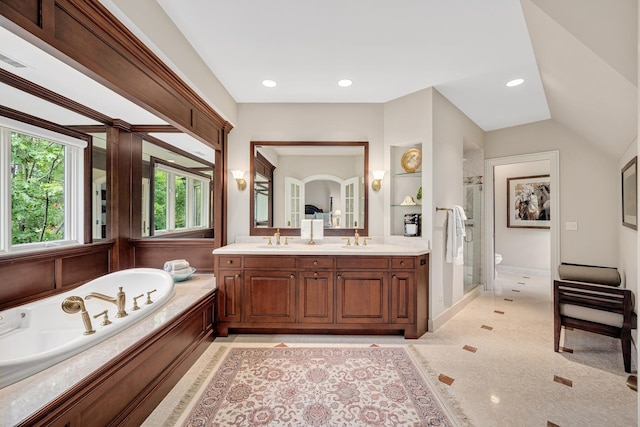 8698 S Madison St, Burr Ridge, IL 60527 - full bathroom with double vanity, a bath, a stall shower, recessed lighting, and inlaid floor details