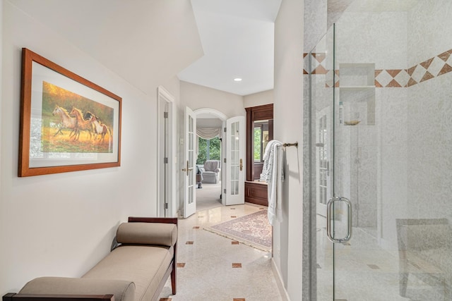 8698 S Madison St, Burr Ridge, IL 60527 - full bathroom with a stall shower, recessed lighting, and french doors