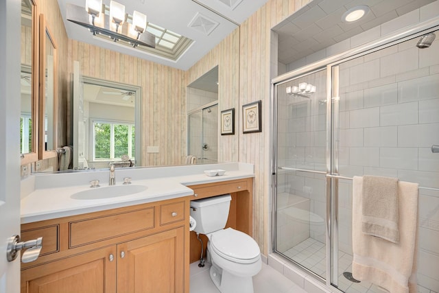 8698 S Madison St, Burr Ridge, IL 60527 - full bath with wallpapered walls, vanity, a shower stall, and tile patterned flooring