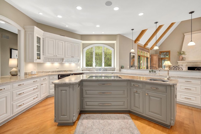 8698 S Madison St, Burr Ridge, IL 60527 - kitchen with gray cabinets, white cabinets, light stone countertops, lofted ceiling, and recessed lighting