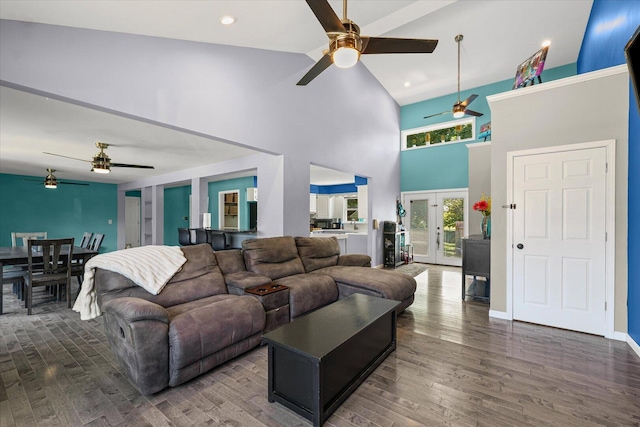 501 N Center St, Colfax, IL 61728 - living room featuring a ceiling fan, wood finished floors, a towering ceiling, french doors, and recessed lighting