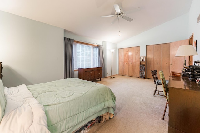 1937 Bayview Ln Unit 0, Aurora, IL 60506 - bedroom featuring light carpet, lofted ceiling, multiple closets, and a ceiling fan