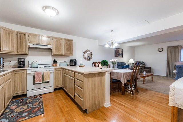 1937 Bayview Ln Unit 0, Aurora, IL 60506 - kitchen featuring white range with gas cooktop, under cabinet range hood, open floor plan, a peninsula, and light brown cabinetry