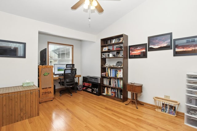 406 Kresswood Dr, Mchenry, IL 60050 - home office featuring light wood finished floors, ceiling fan, and lofted ceiling