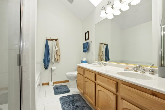 406 Kresswood Dr, Mchenry, IL 60050 - bathroom featuring vaulted ceiling, double vanity, a tile shower, tile patterned flooring, and a bath