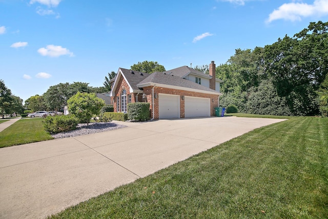 12532 Suffield Dr, Palos Park, IL 60464 - view of front of property featuring brick siding, an attached garage, a front lawn, driveway, and a chimney