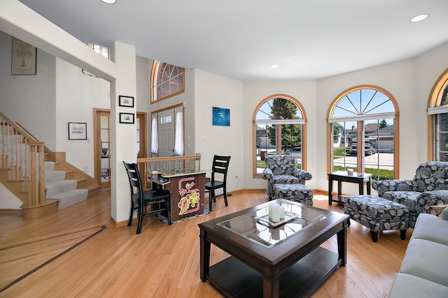 12532 Suffield Dr, Palos Park, IL 60464 - living room featuring light wood finished floors, recessed lighting, and stairway