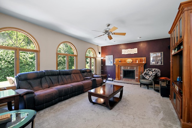 12532 Suffield Dr, Palos Park, IL 60464 - living area featuring carpet floors, a ceiling fan, and a fireplace