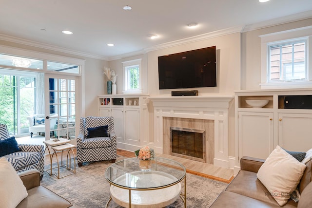 525 Meadow Ln, Libertyville, IL 60048 - living area with wood finished floors, ornamental molding, a fireplace, and recessed lighting