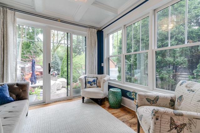 525 Meadow Ln, Libertyville, IL 60048 - sunroom / solarium featuring plenty of natural light, wood finished floors, coffered ceiling, and beamed ceiling