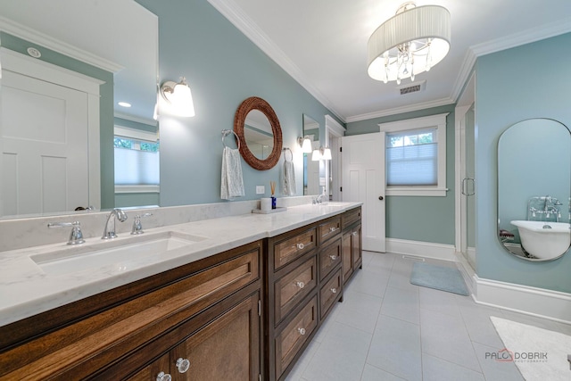525 Meadow Ln, Libertyville, IL 60048 - full bath featuring double vanity, a freestanding bath, tile patterned floors, crown molding, and a chandelier