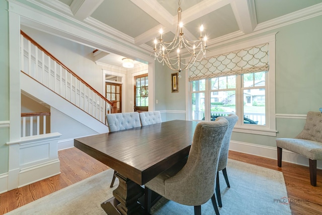 525 Meadow Ln, Libertyville, IL 60048 - dining room with coffered ceiling, a chandelier, stairs, wood finished floors, and beam ceiling
