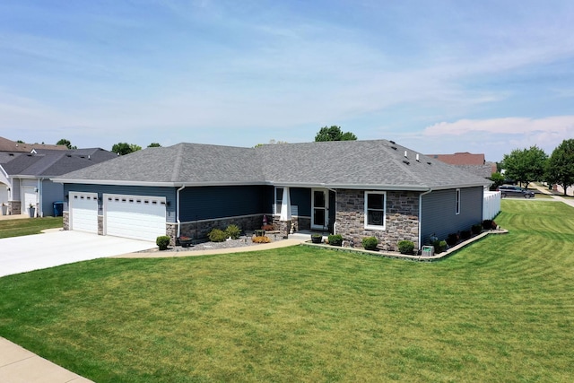1867 Robert Dr, Bourbonnais, IL 60914 - ranch-style home with a garage, stone siding, a front yard, driveway, and a shingled roof
