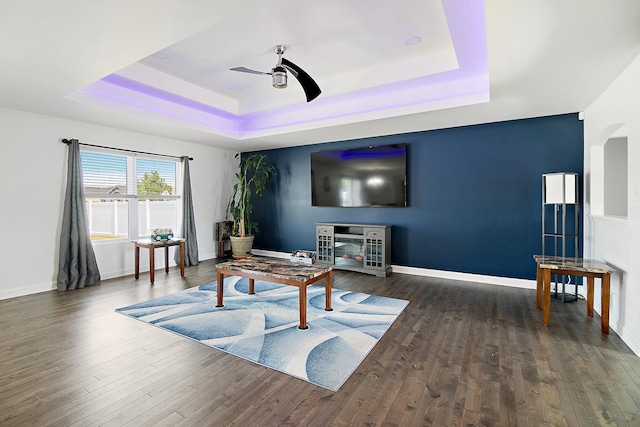 1867 Robert Dr, Bourbonnais, IL 60914 - living area featuring a raised ceiling, ceiling fan, and wood finished floors