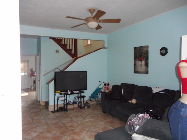 2820 W 36th St, Chicago, IL 60632 - living room featuring a ceiling fan, stairway, and light tile patterned floors