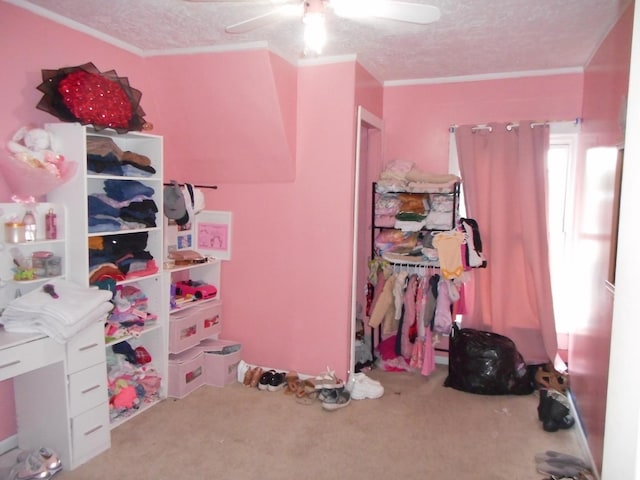 2820 W 36th St, Chicago, IL 60632 - carpeted bedroom featuring a textured ceiling, ornamental molding, and a ceiling fan
