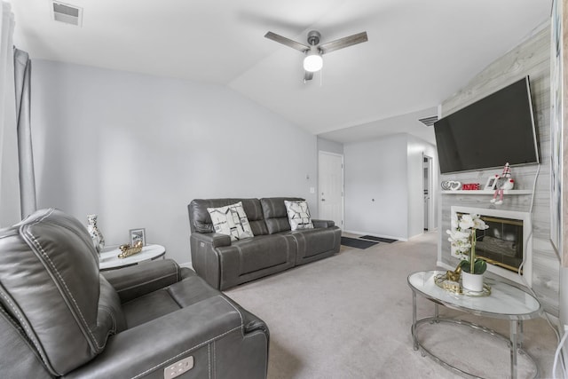 1028 Wynnfield Ct Unit C, Elgin, IL 60120 - living area with a ceiling fan, carpet flooring, vaulted ceiling, and a glass covered fireplace