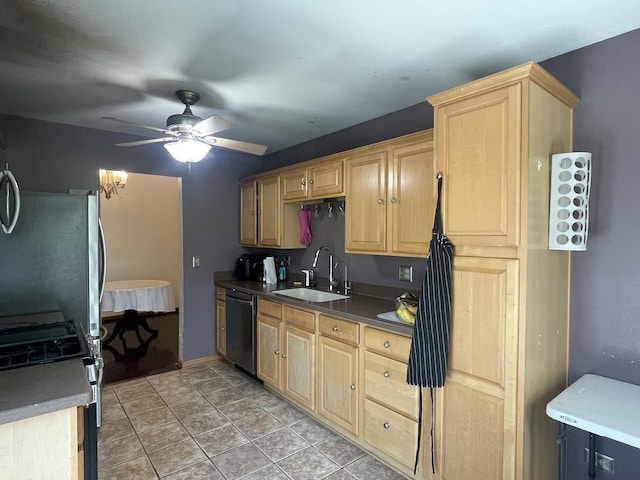 216 Charleston Ct Unit 8, Schaumburg, IL 60193 - kitchen with appliances with stainless steel finishes, a ceiling fan, light brown cabinets, and light tile patterned floors