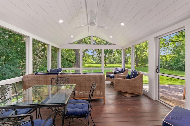 560 Golf Ln, Lake Forest, IL 60045 - sunroom / solarium featuring ceiling fan, lofted ceiling, an outdoor hangout area, and outdoor dining space