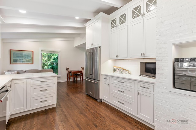 560 Golf Ln, Lake Forest, IL 60045 - kitchen with high quality fridge, beamed ceiling, dark wood finished floors, white cabinetry, and glass insert cabinets